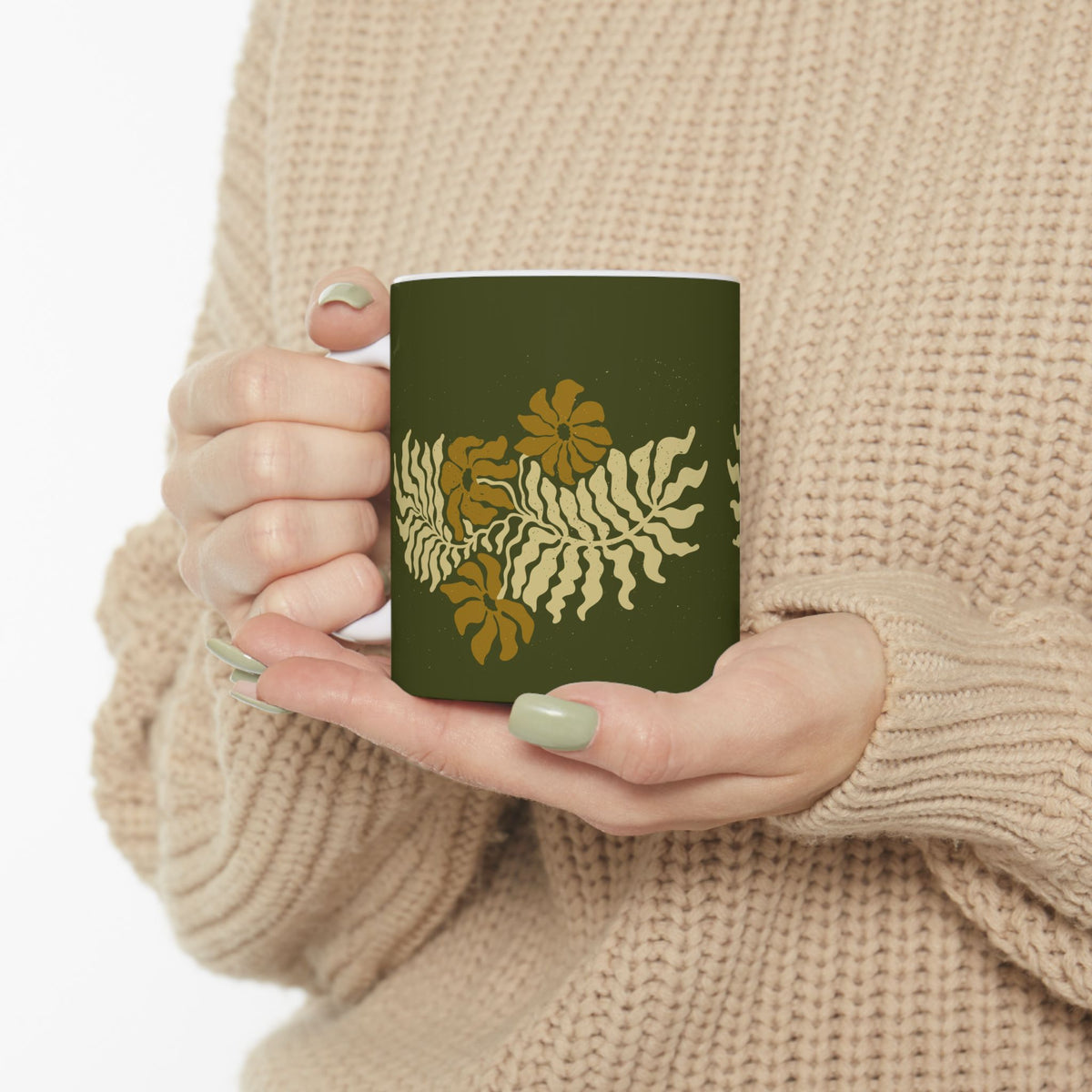 Golden Fern Botanical Mug - Olive Green Nature-Inspired Coffee Cup