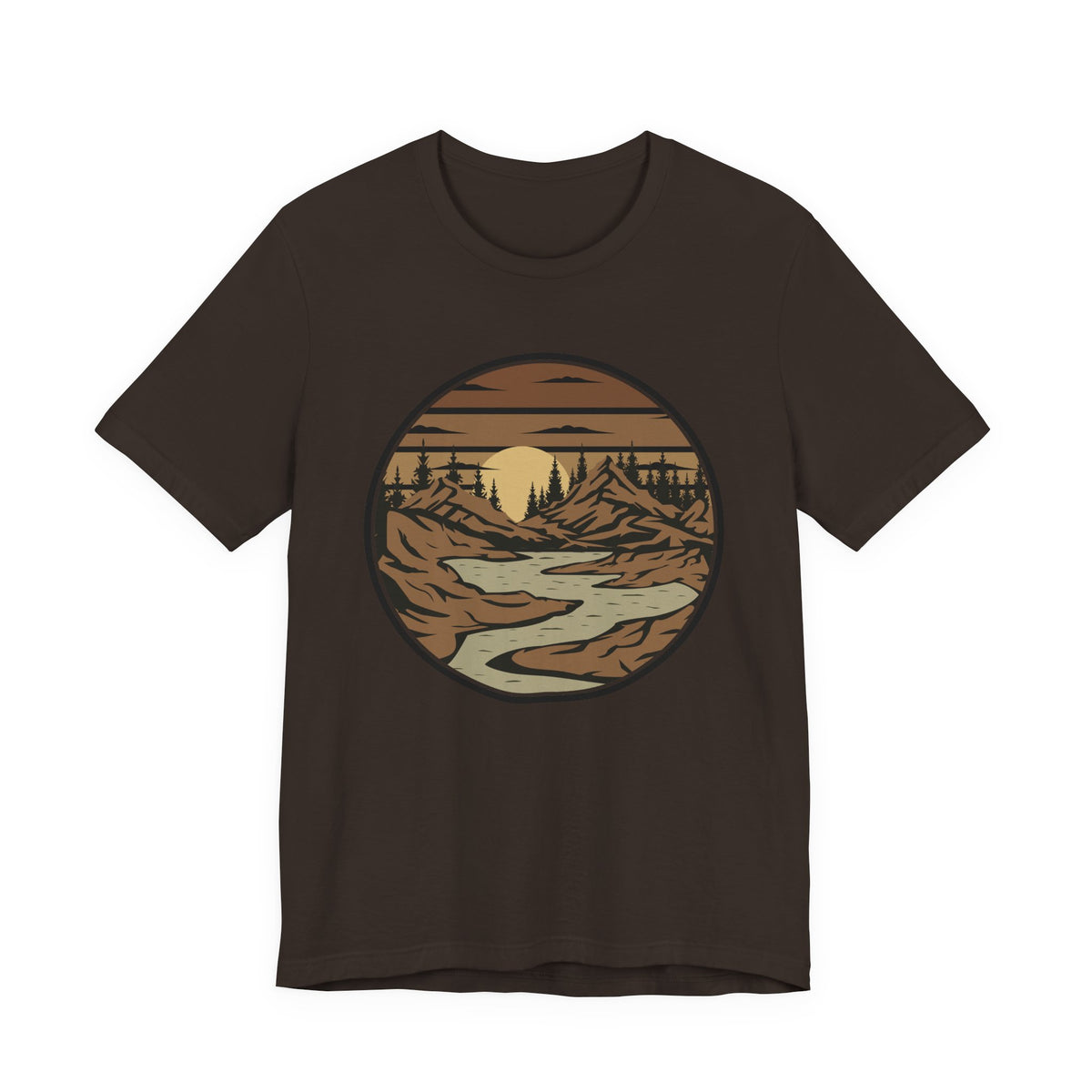 Retro Mountain River T-Shirt — Vintage Sunset Outdoor Graphic Tee