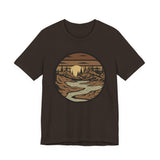Retro Mountain River T-Shirt — Vintage Sunset Outdoor Graphic Tee