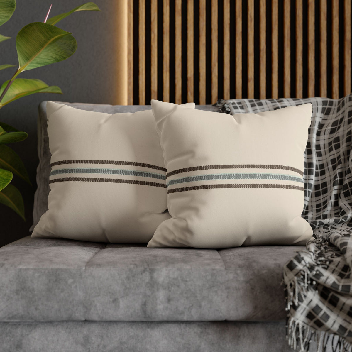 Striped Faux Suede Pillowcase — Neutral Coastal Decorative Throw Pillow Cover