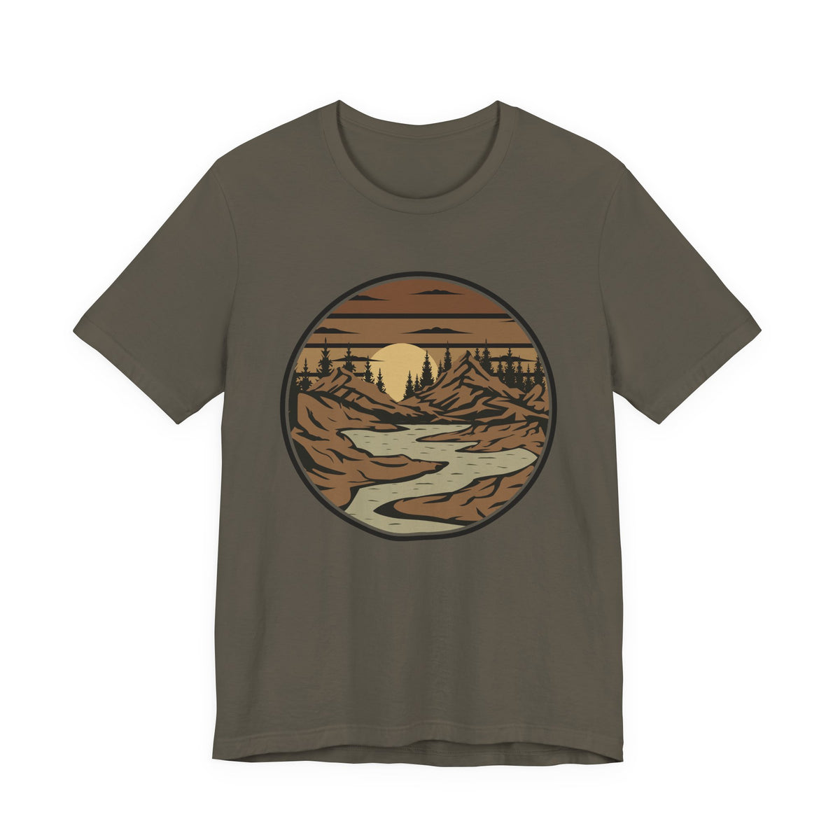 Retro Mountain River T-Shirt — Vintage Sunset Outdoor Graphic Tee