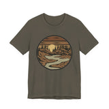 Retro Mountain River T-Shirt — Vintage Sunset Outdoor Graphic Tee