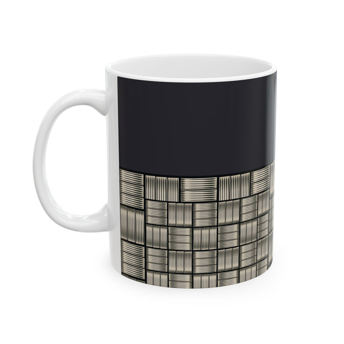 Geometric Grid Ceramic Mug — Modern Black & Metallic Pattern (11oz/15oz)