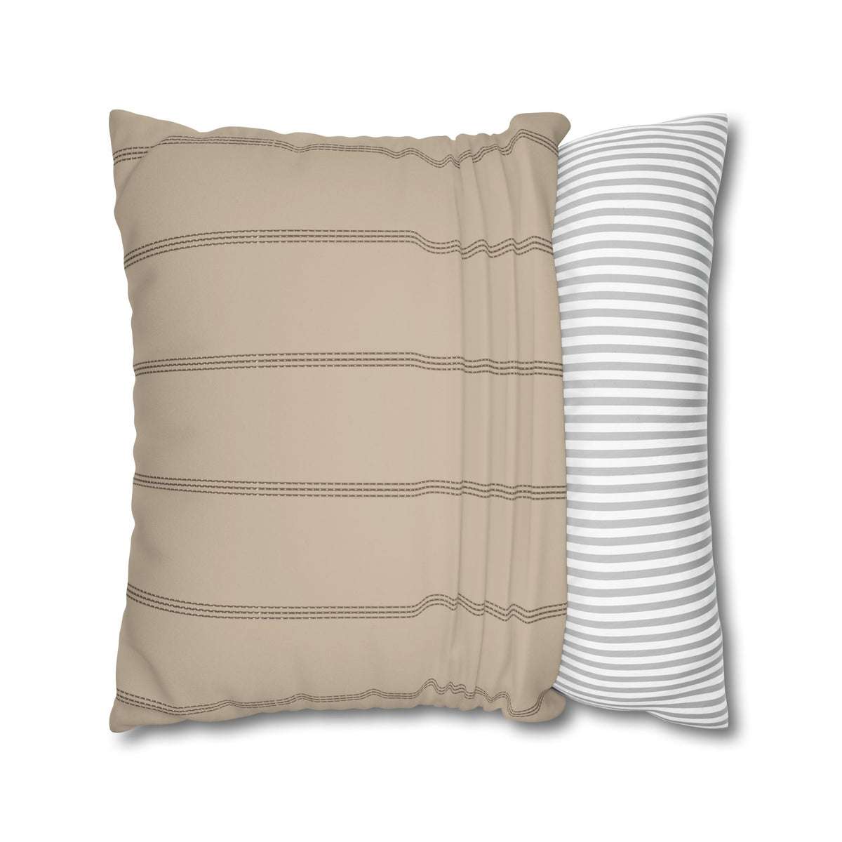 Beige Faux Suede Square Pillowcase — Neutral Striped Decorative Pillow Cover