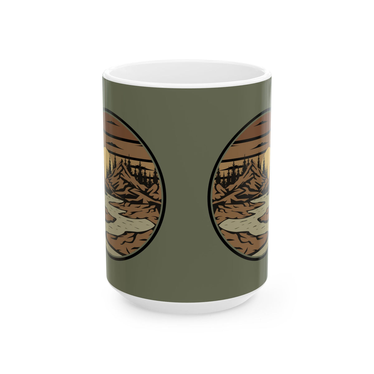 Mountain River Sunset Ceramic Mug — Rustic Mountain Landscape (11oz & 15oz)