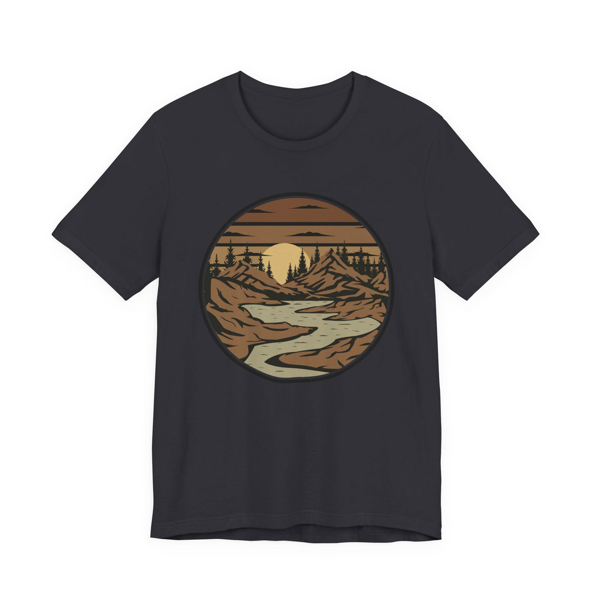 Retro Mountain River T-Shirt — Vintage Sunset Outdoor Graphic Tee