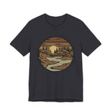 Retro Mountain River T-Shirt — Vintage Sunset Outdoor Graphic Tee