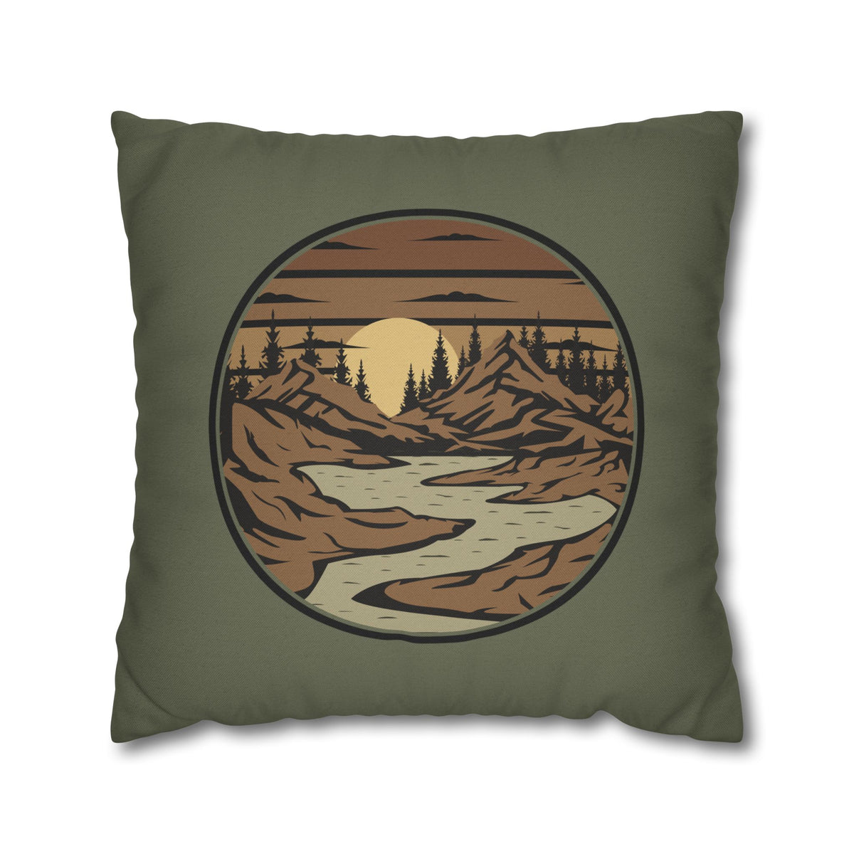 Mountain River Sunset Pillowcase — Retro Nature Decorative Throw Pillow