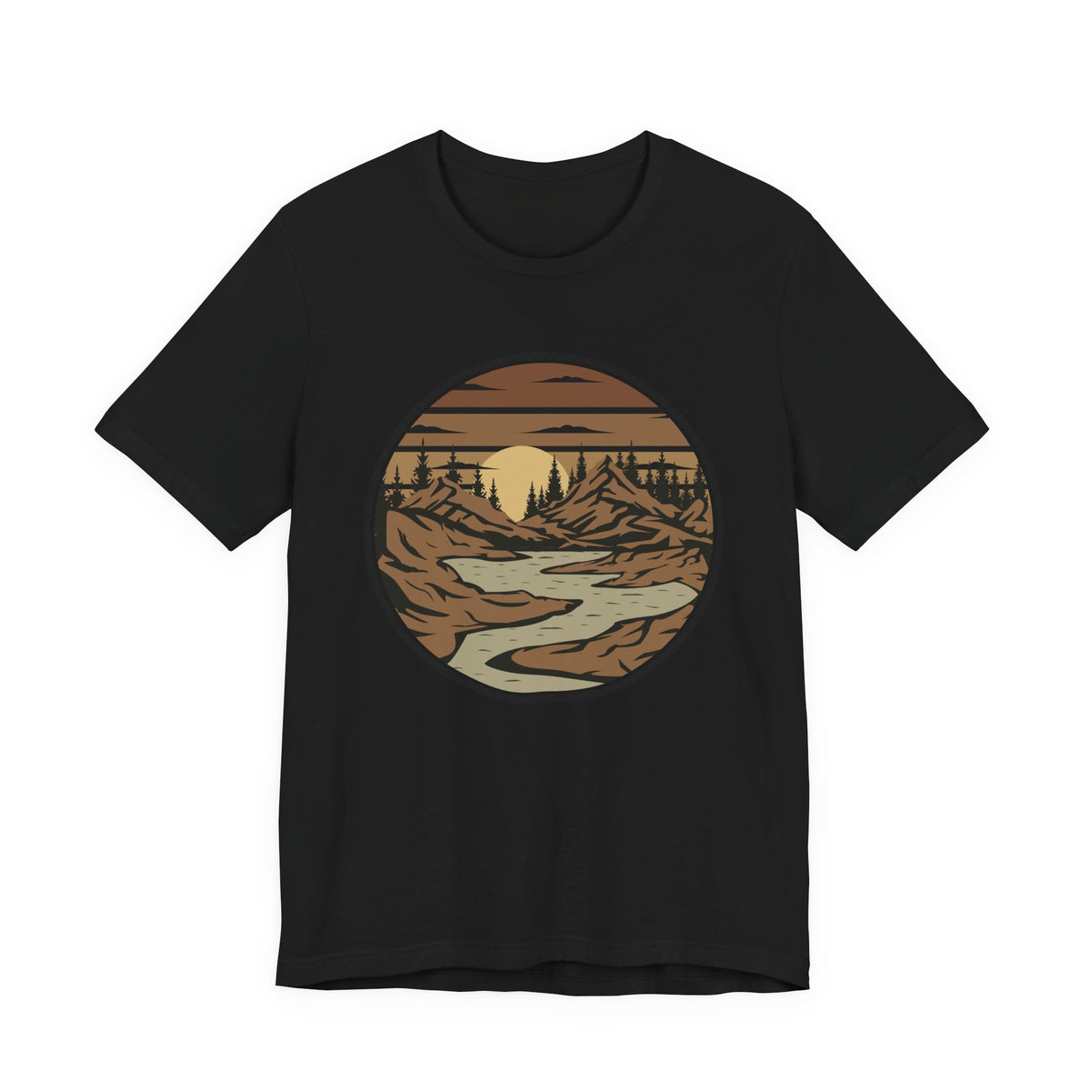 Retro Mountain River T-Shirt — Vintage Sunset Outdoor Graphic Tee