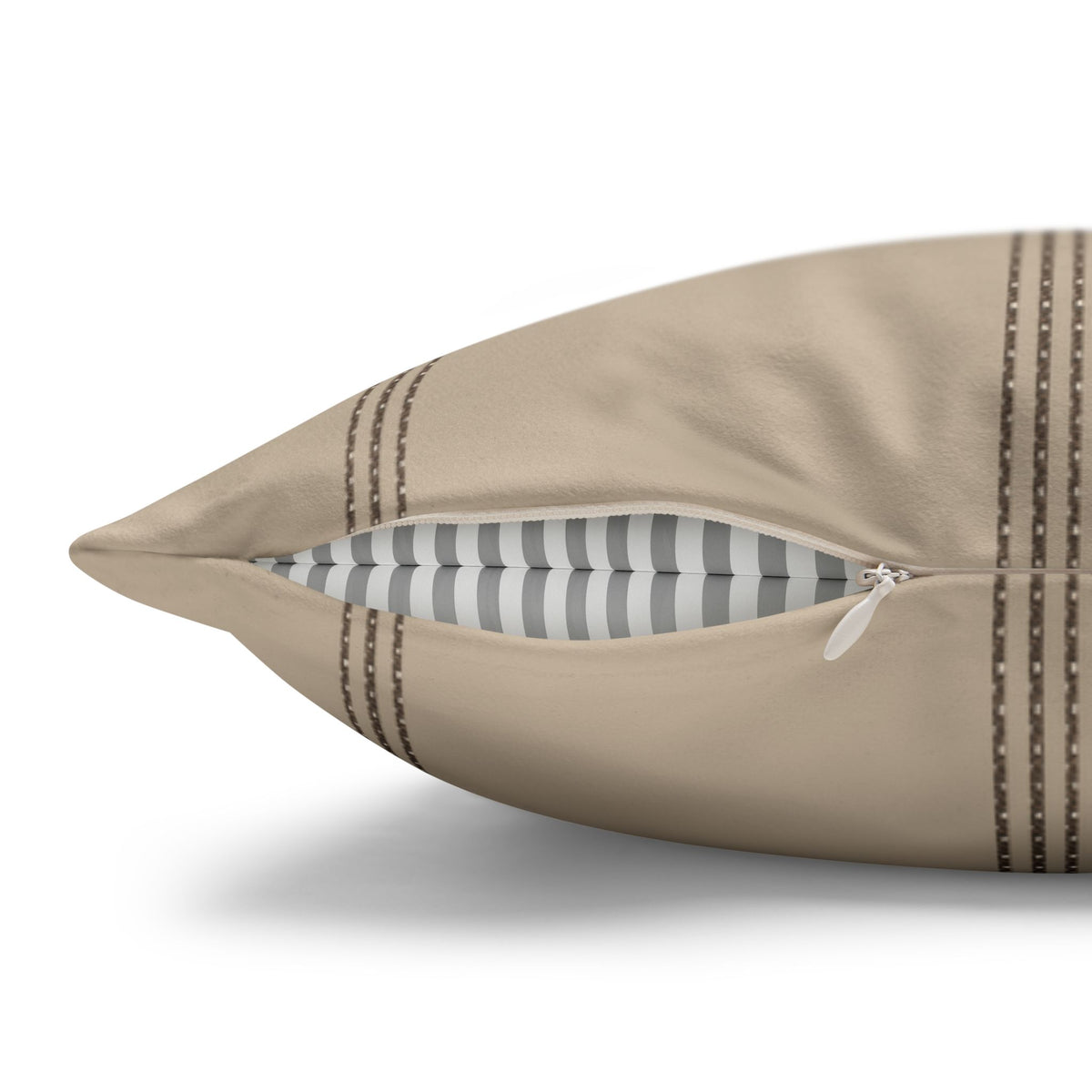 Beige Faux Suede Square Pillowcase — Neutral Striped Decorative Pillow Cover