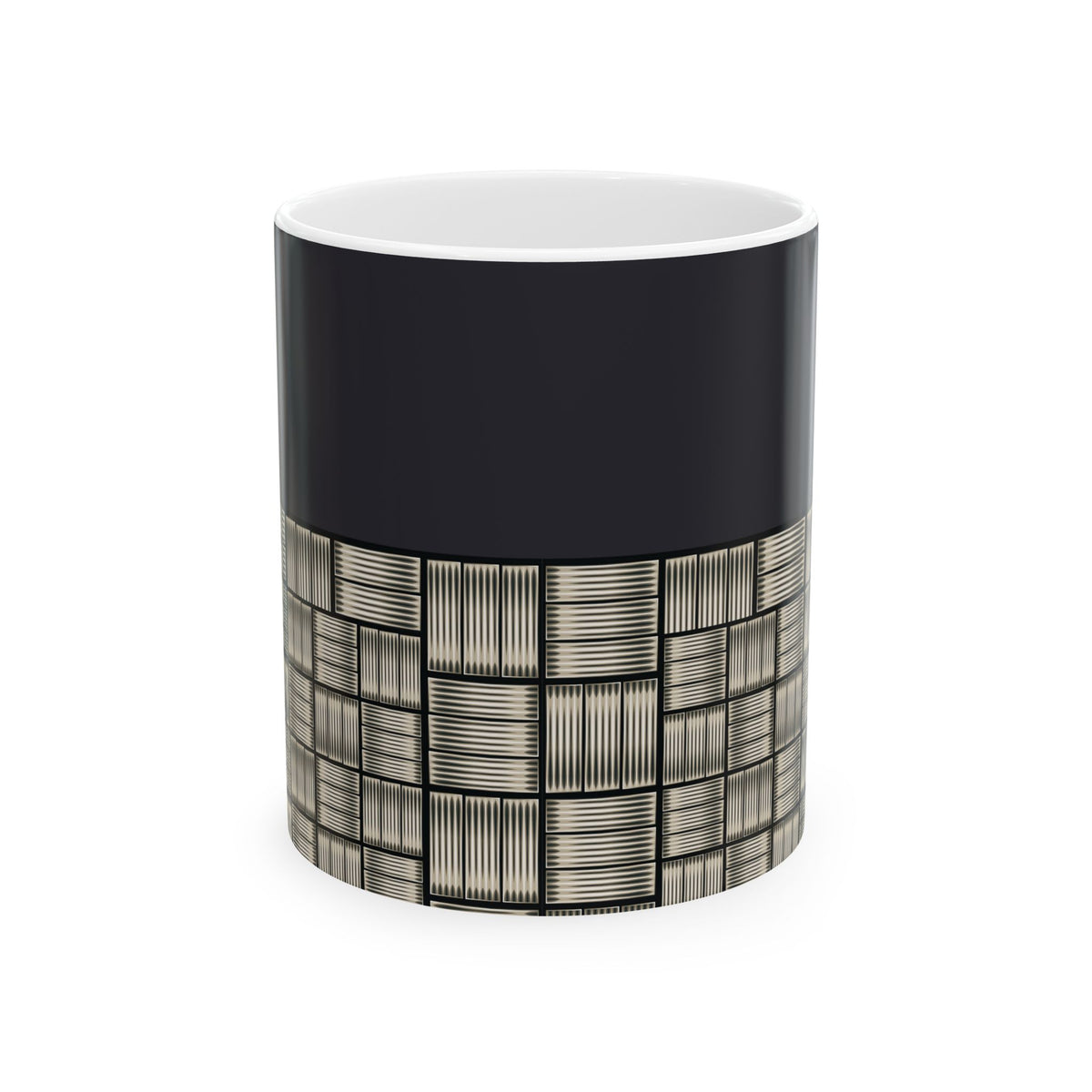 Geometric Grid Ceramic Mug — Modern Black & Metallic Pattern (11oz/15oz)