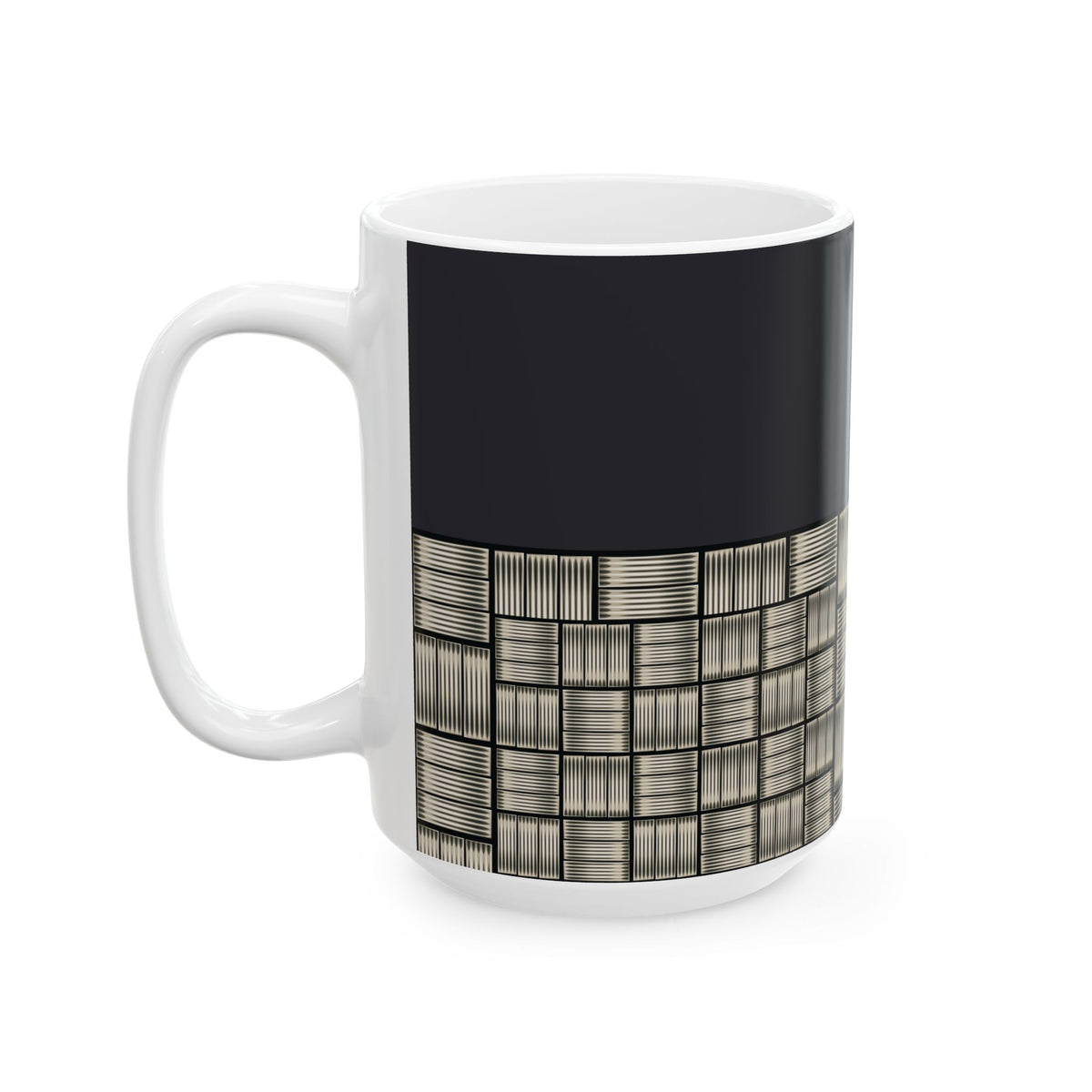 Geometric Grid Ceramic Mug — Modern Black & Metallic Pattern (11oz/15oz)