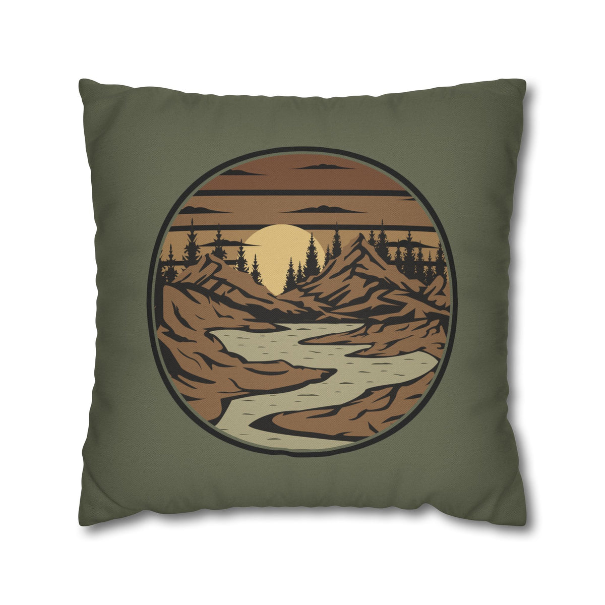 Mountain River Sunset Pillowcase — Retro Nature Decorative Throw Pillow