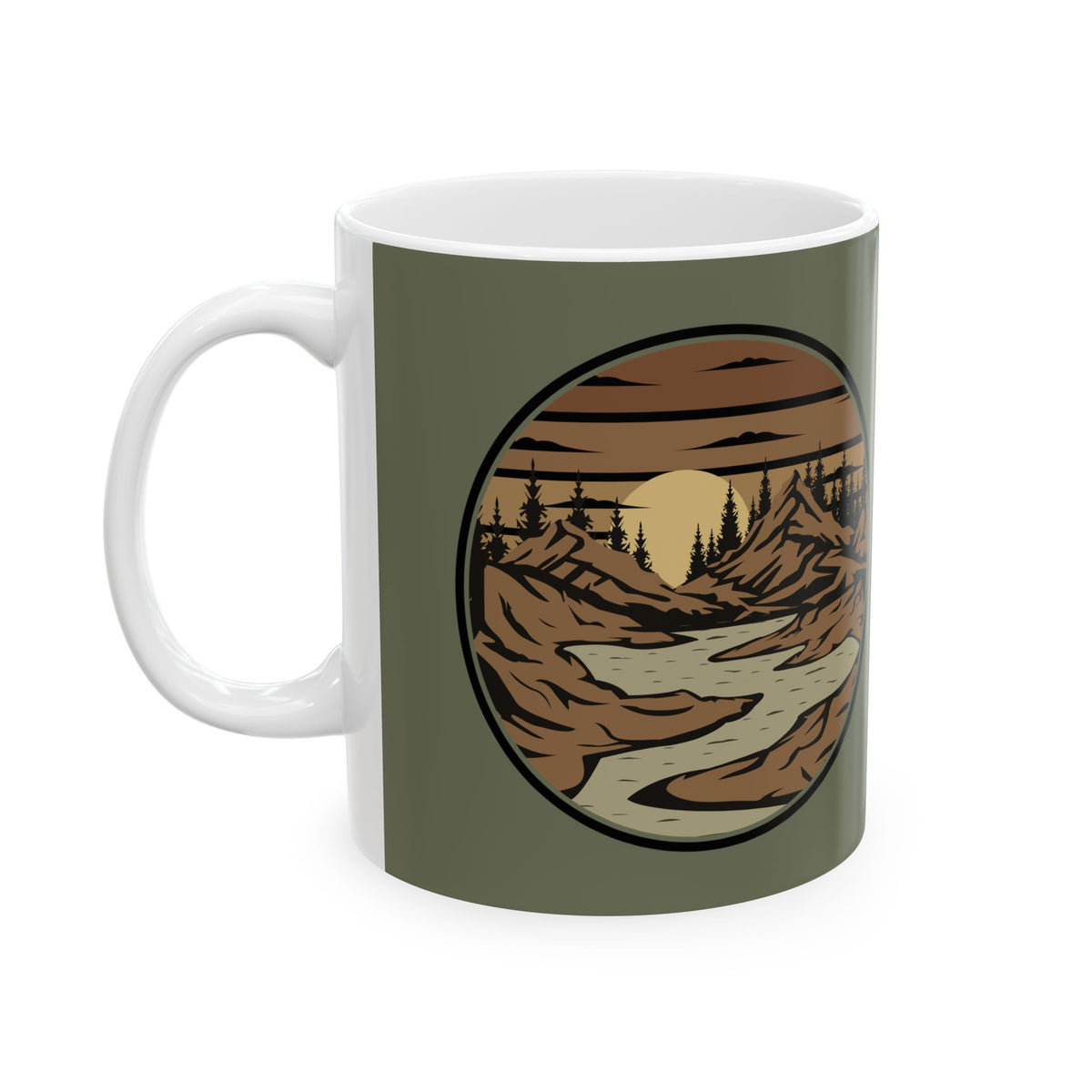 Mountain River Sunset Ceramic Mug — Rustic Mountain Landscape (11oz & 15oz)