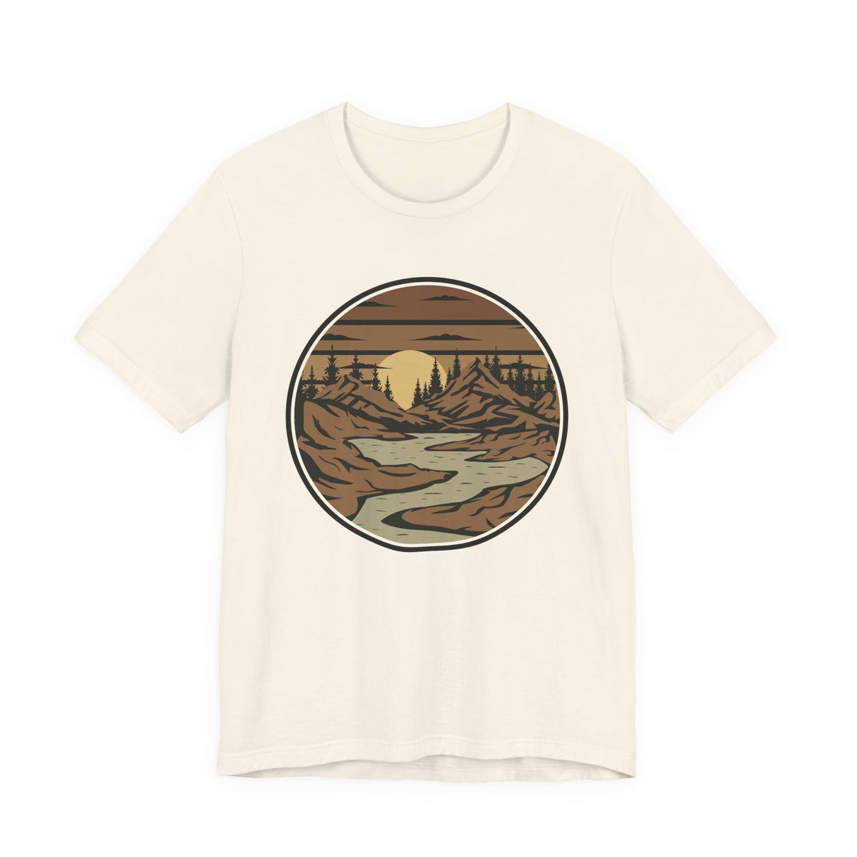 Retro Mountain River T-Shirt — Vintage Sunset Outdoor Graphic Tee