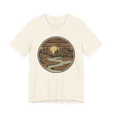 Retro Mountain River T-Shirt — Vintage Sunset Outdoor Graphic Tee