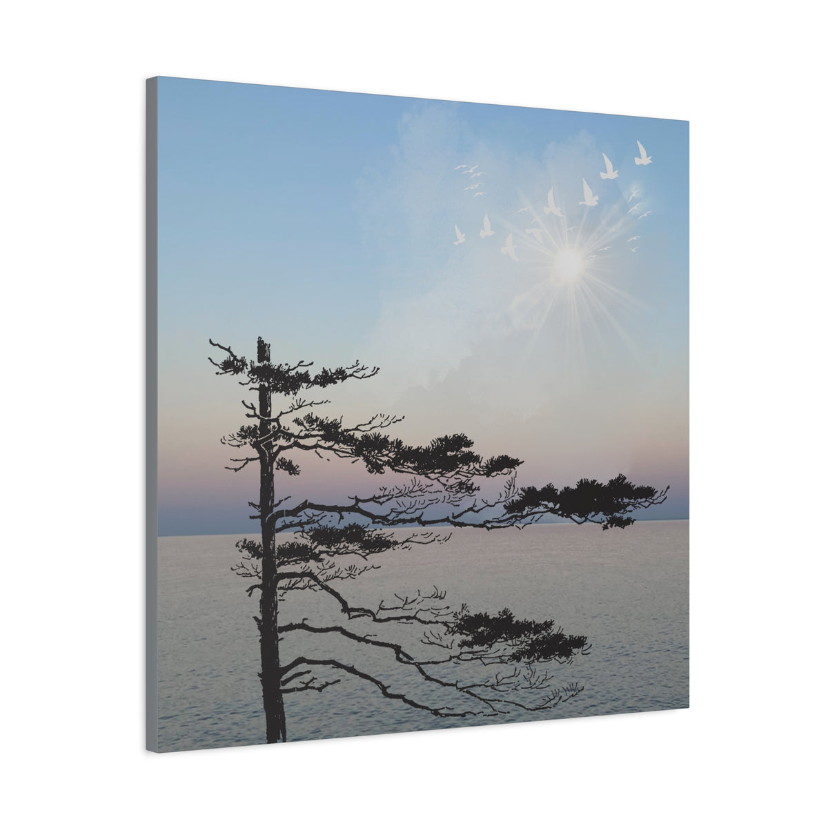 Seaside Tranquility Canvas: Silhouette Pine at Sunset with Soaring Birds