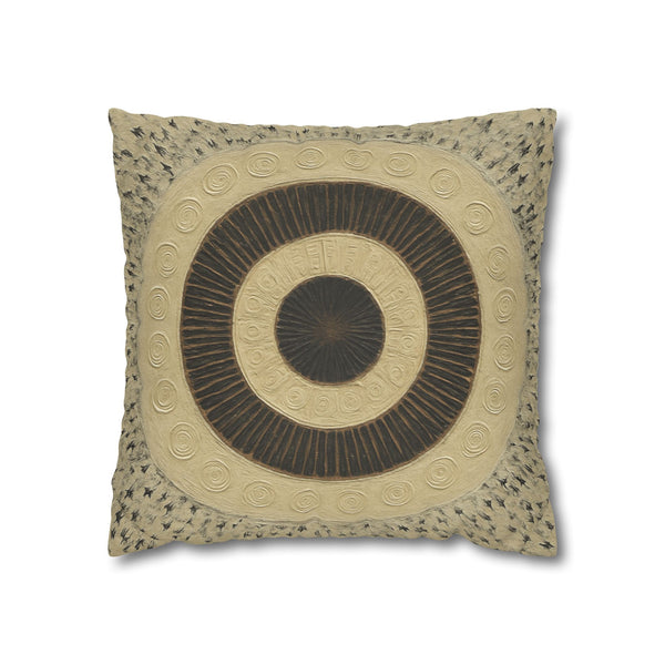 Boho Faux Suede Square Pillowcase — Neutral Circular Mandala Accent Cushion Cover
