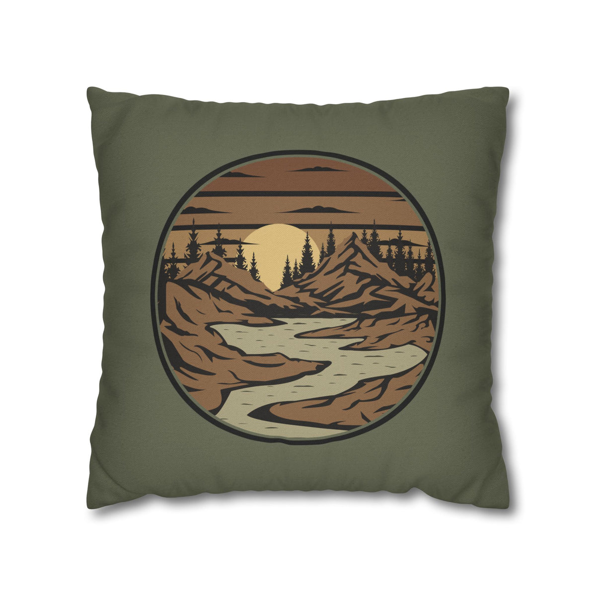 Mountain River Sunset Pillowcase — Retro Nature Decorative Throw Pillow