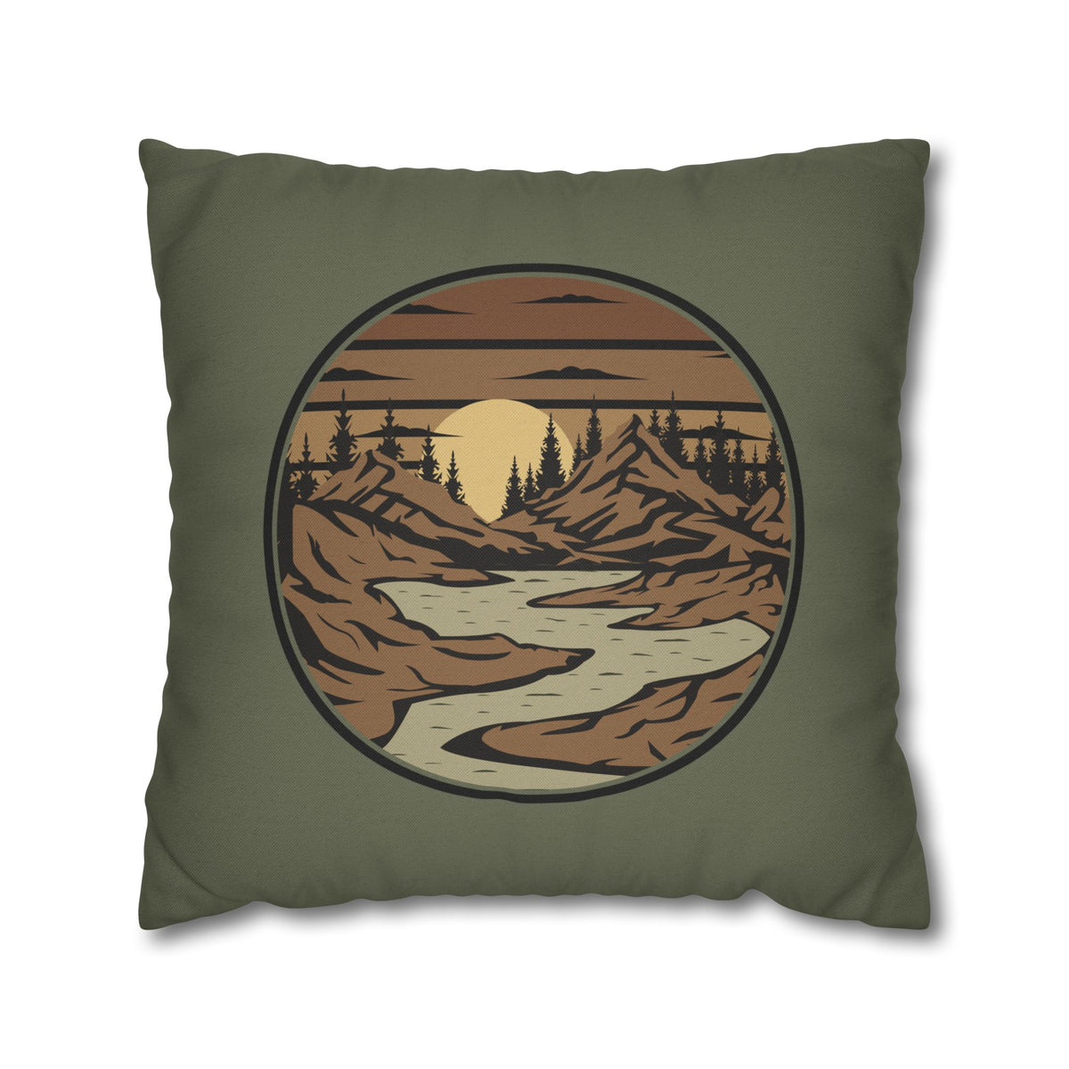 Mountain River Sunset Pillowcase — Retro Nature Decorative Throw Pillow