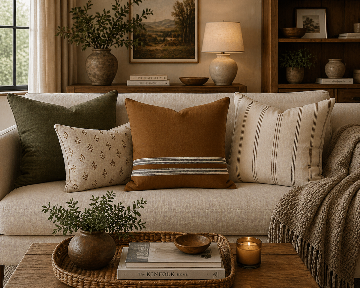 Beige Faux Suede Square Pillowcase — Neutral Striped Decorative Pillow Cover