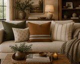 Beige Faux Suede Square Pillowcase — Neutral Striped Decorative Pillow Cover