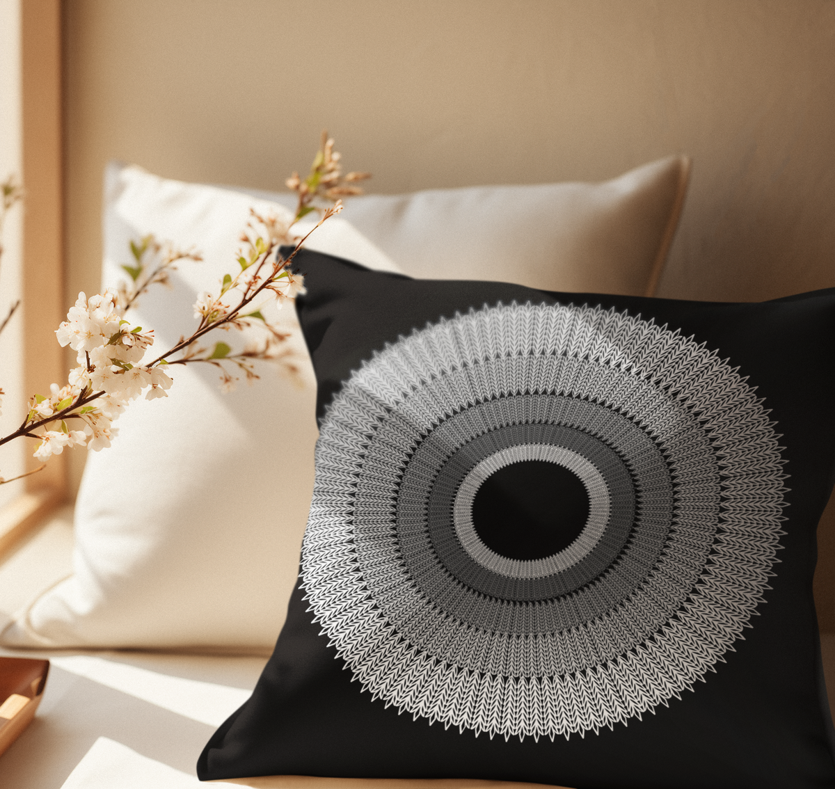 Square Pillow - Black to White Circles Design