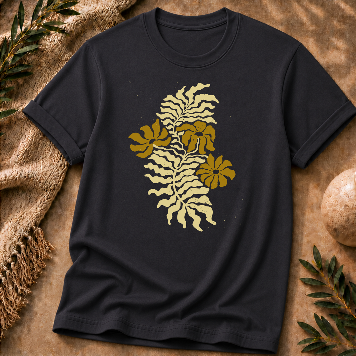 Golden Fern Botanical T-Shirt - Earthy Nature Graphic Tee