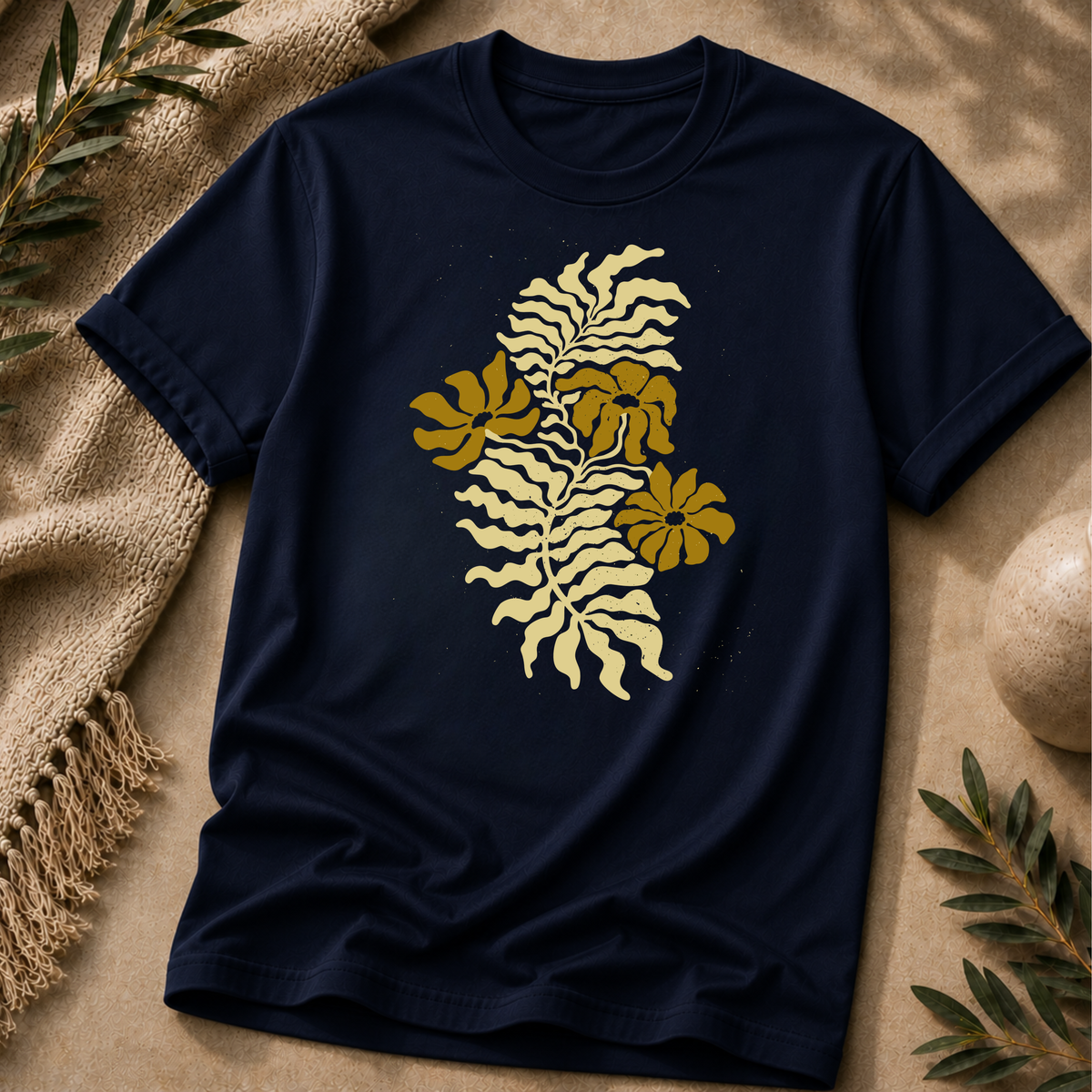 Golden Fern Botanical T-Shirt - Earthy Nature Graphic Tee