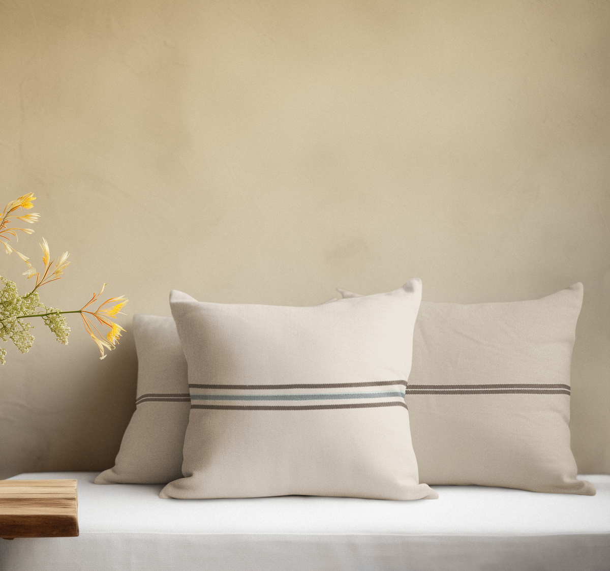 Beige Faux Suede Pillowcase with Center Stripe — Decorative Square Throw Pillow Cover