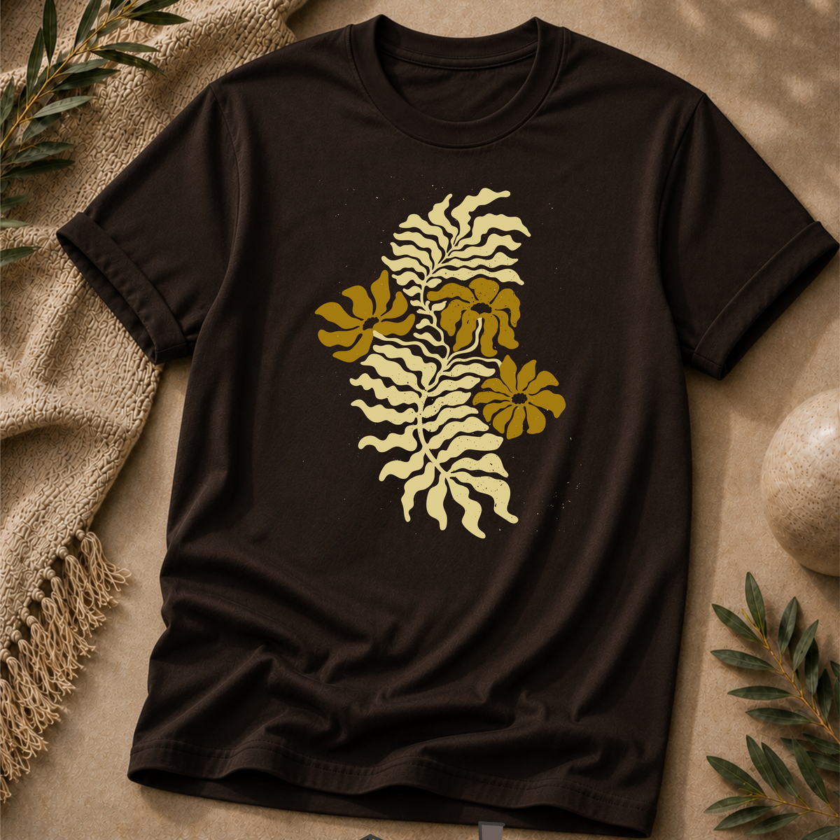 Golden Fern Botanical T-Shirt - Earthy Nature Graphic Tee
