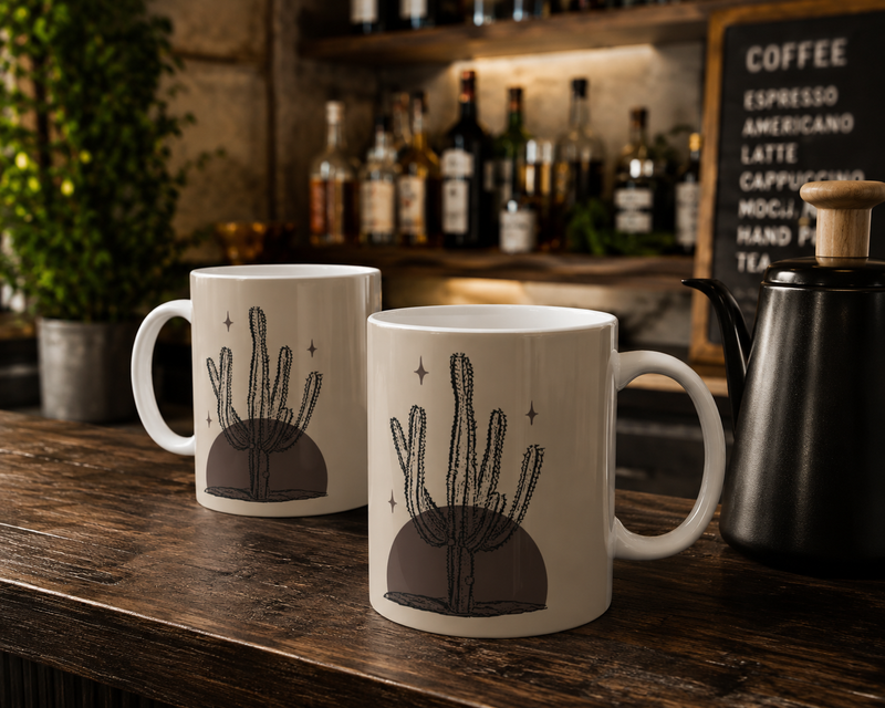 Desert Stillness Cactus Mug – Neutral Botanical Ceramic Cup