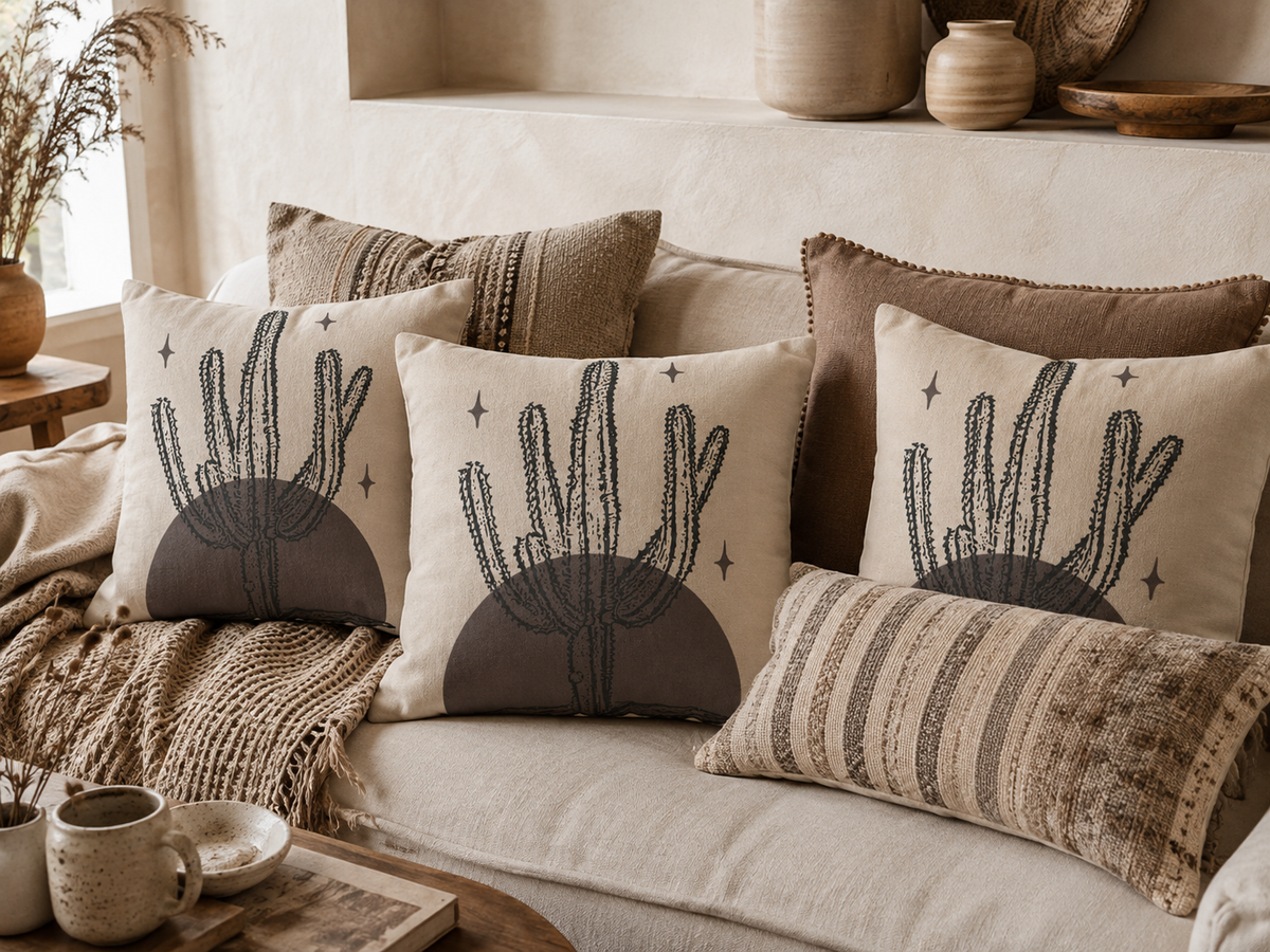 Desert Stillness Cactus Pillowcase – Neutral Earth-Tone Decorative Cushion Cover