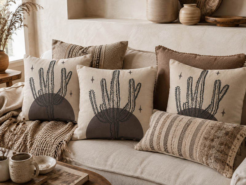 Desert Stillness Cactus Pillowcase – Neutral Earth-Tone Decorative Cushion Cover