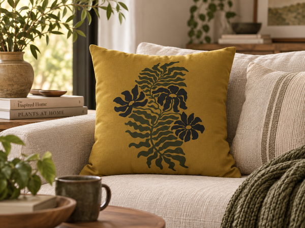 Golden Fern Botanical Pillow Cover - Ochre & Olive Nature-Inspired Cushion