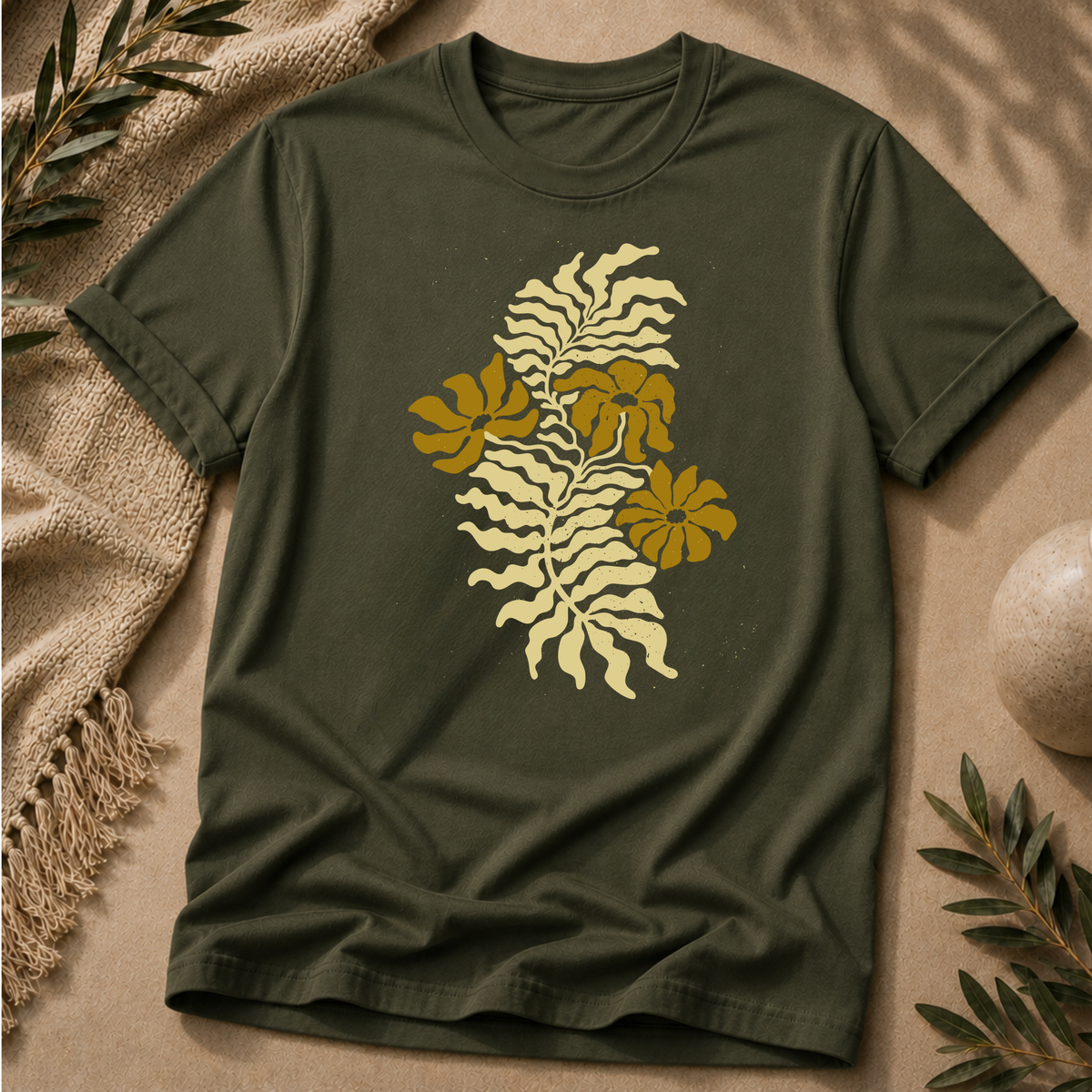 Golden Fern Botanical T-Shirt - Earthy Nature Graphic Tee