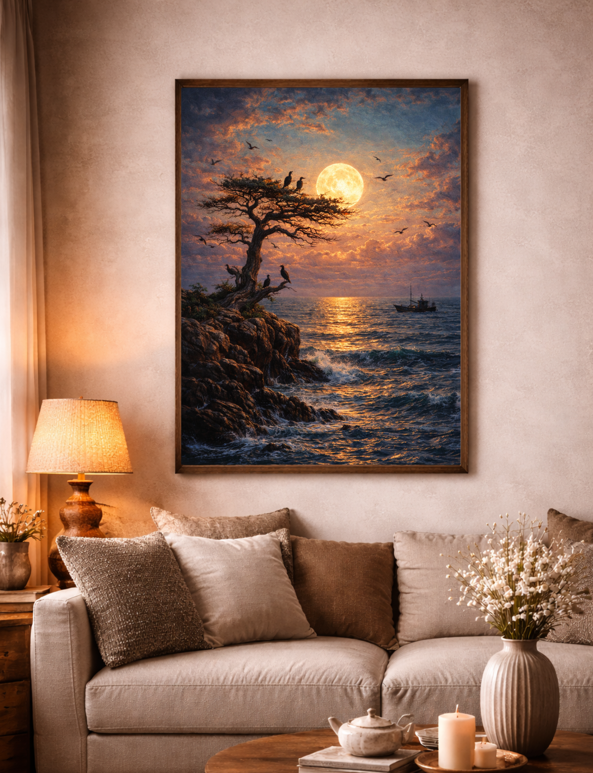 Moonlit Seascape Framed Canvas