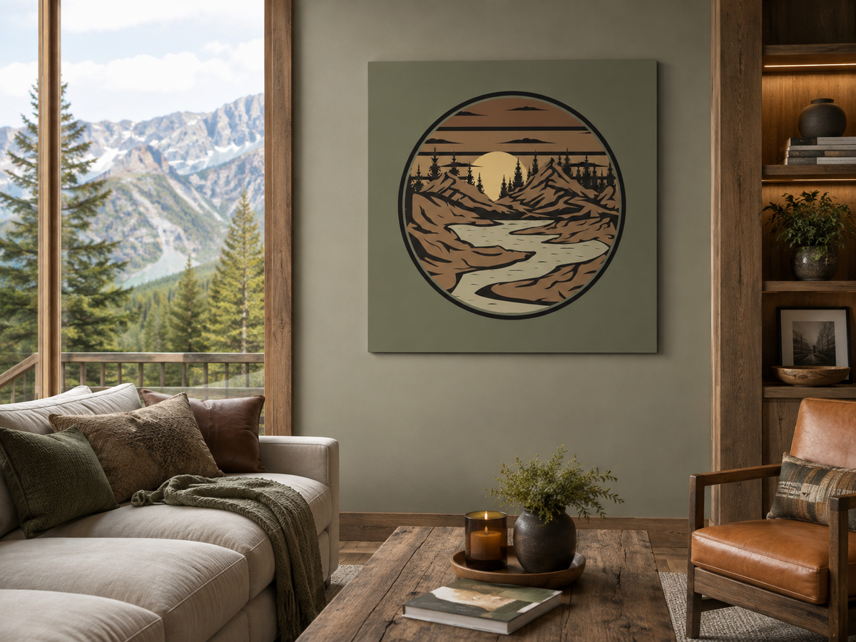 Mountain Passage Wall Art - Earth-Toned Mountain & River Landscape