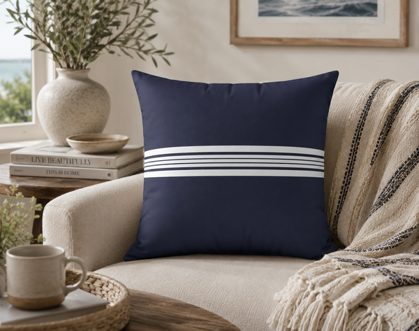 Navy Canvas Pillow with White Striped Accent - Coastal Nautical Decorative Throw Pillow