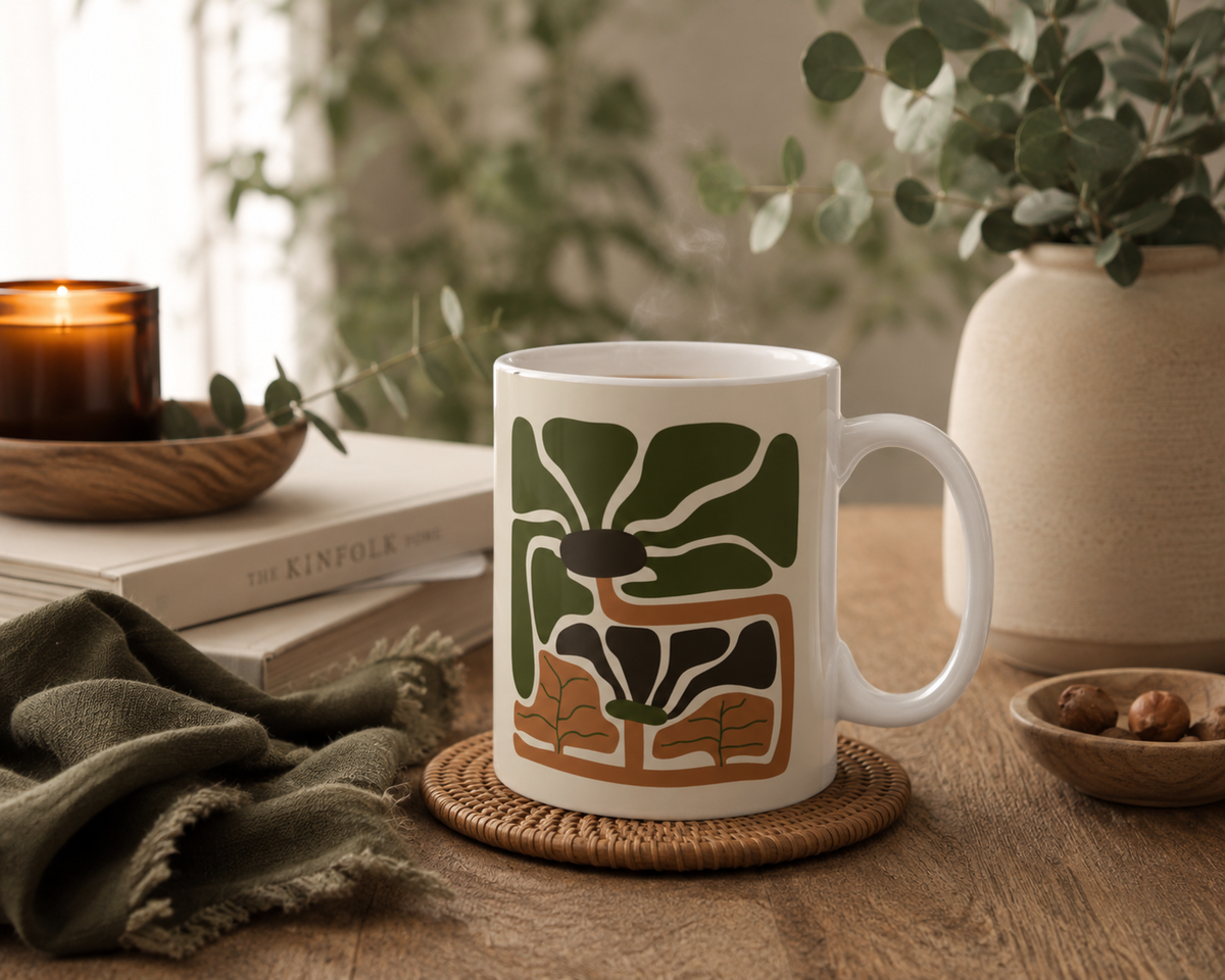 Rooted Canopy Botanical Mug - Earthy Olive & Neutral Art Mug