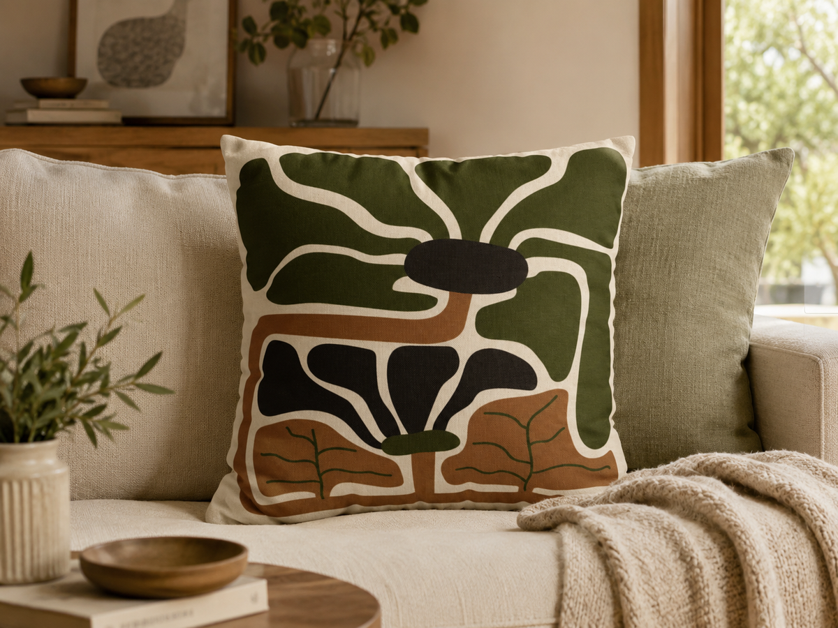 Rooted Canopy Botanical Pillow Cover - Earthy Olive & Neutral Accent Cushion