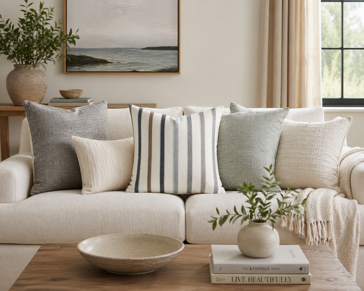 Striped Faux Suede Square Pillowcase — Neutral Modern Throw Pillow Cover